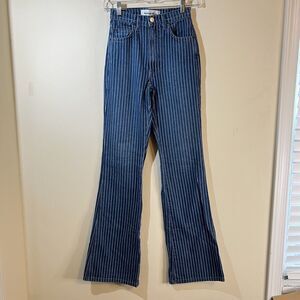 Reformation Macgraw Mesa Stripe Jeans Size 23 Flare Leg Blue Denim White Stripe